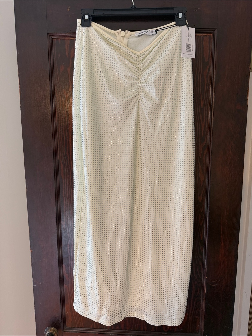 WeWoreWhat Cream Satin Maxi Skirt with Ruched Front
